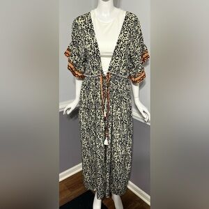 LULLA COLLECTION Boho Kimono Maxi Swimsuit Cover up‎ Ikat Print Ruffle Sleeve OS